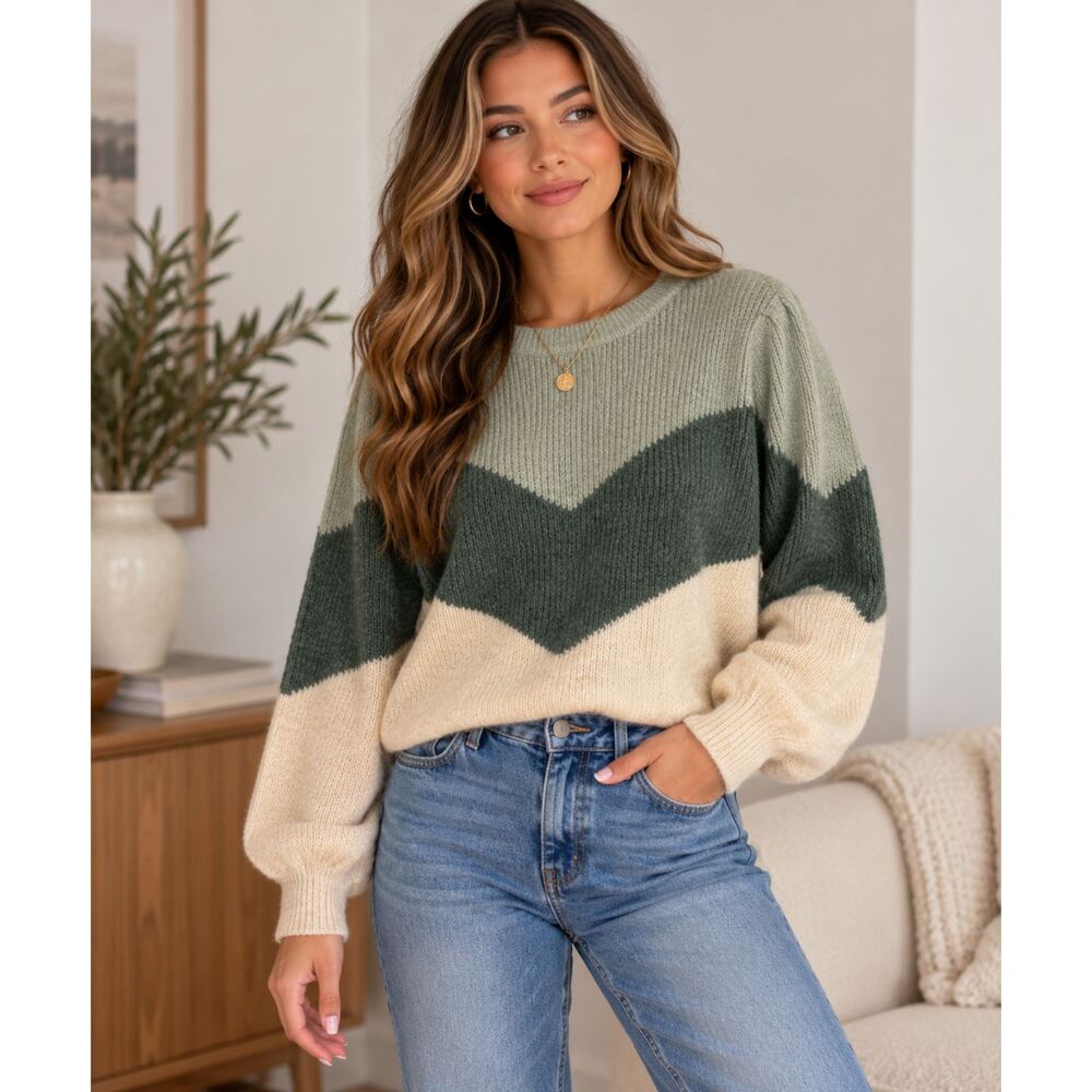 Vero Moda Colorblock Chevron Sweater Sage Green Cream Women’s Size M
